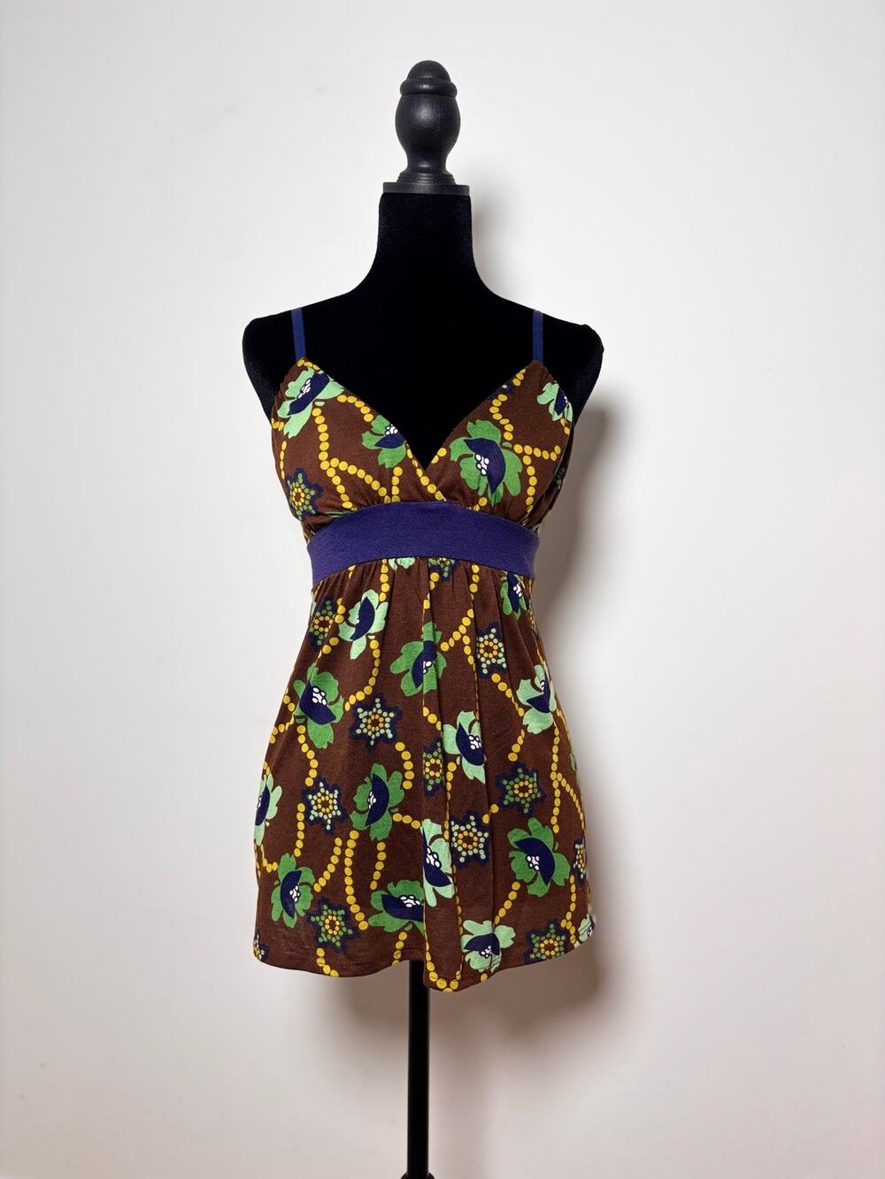 Vtg Y2K One Clothing Brown Navy Whimsy Print Babydoll Top Tieback Sash Size S